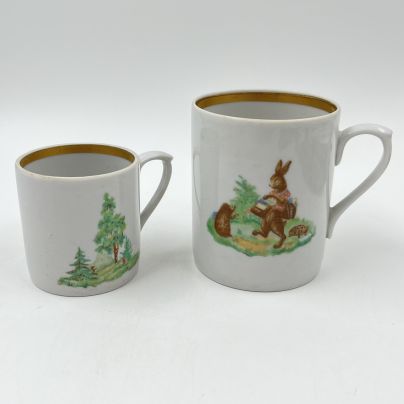 Набор "Заяц-почтальон" из 2 чашек, фарфор, деколь, золочение, Дулевский фарфоровый завод (Дулёво), СССР, 1968-1991 гг.
