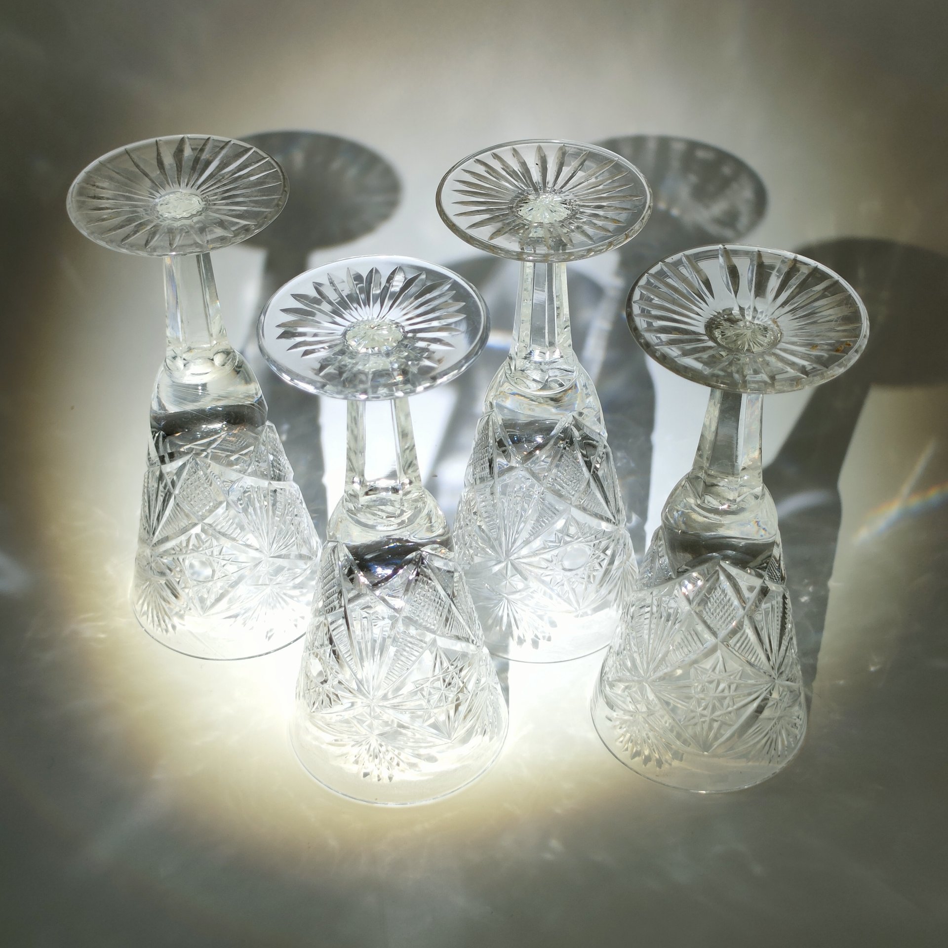 Набор из 4-х рюмок с резным геометрическим декором, хрусталь, алмазная грань, СССР, 1970-1990 гг.