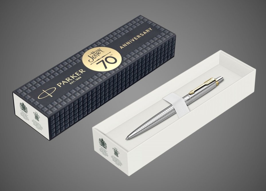 Шариковая ручка Parker "Jotter 70th Stainless Steel GT", стержень: Mblue (толщина линии 1,0мм) в подарочной коробке, Металлы: металл, нержавеющая сталь