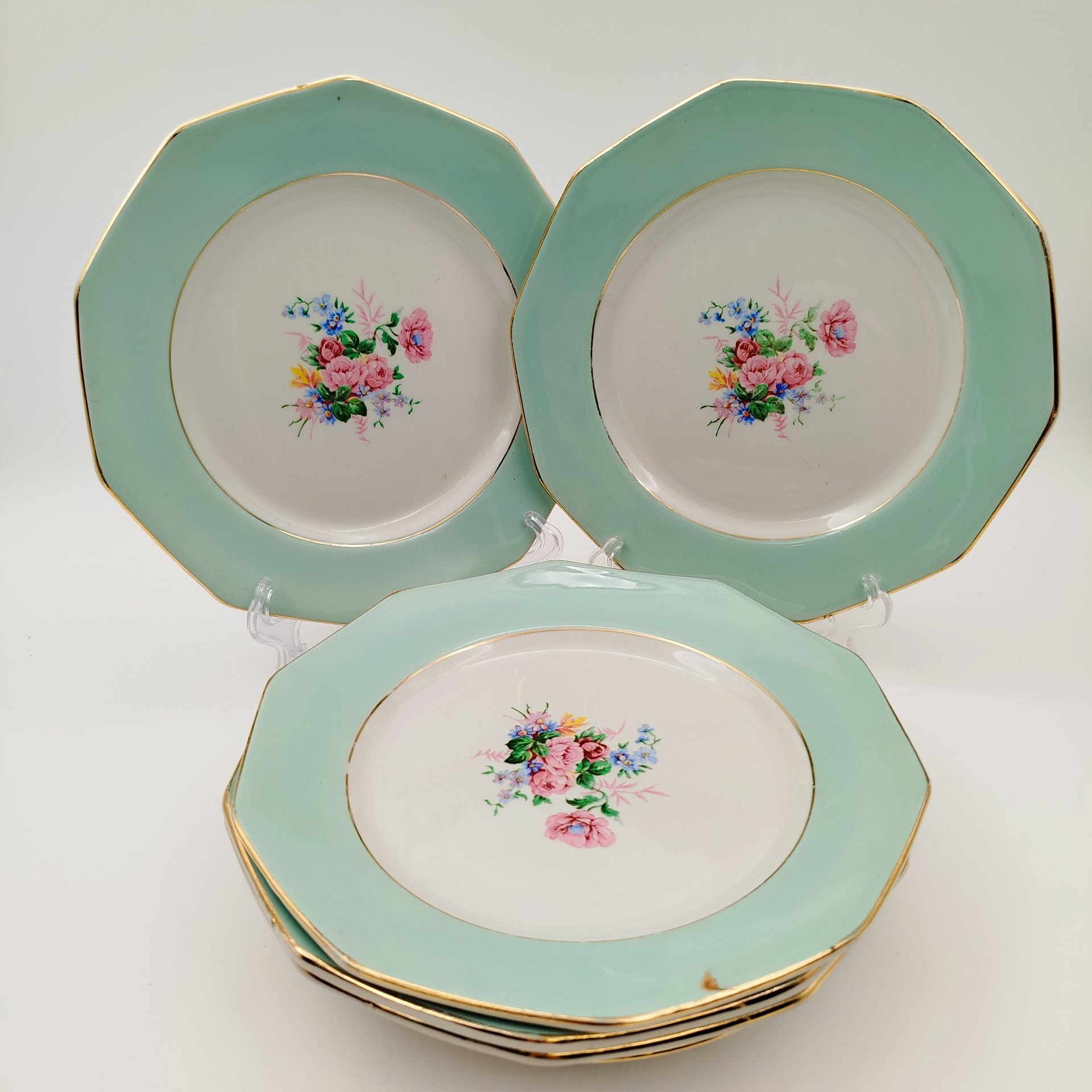 Набор десертных тарелок с цветочным декором на 6 персон, St.Amand, фаянс, деколь, крытье, золочение, Франция, 1970-1990 гг.