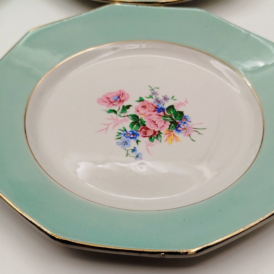 Набор десертных тарелок с цветочным декором на 6 персон, St.Amand, фаянс, деколь, крытье, золочение, Франция, 1970-1990 гг.