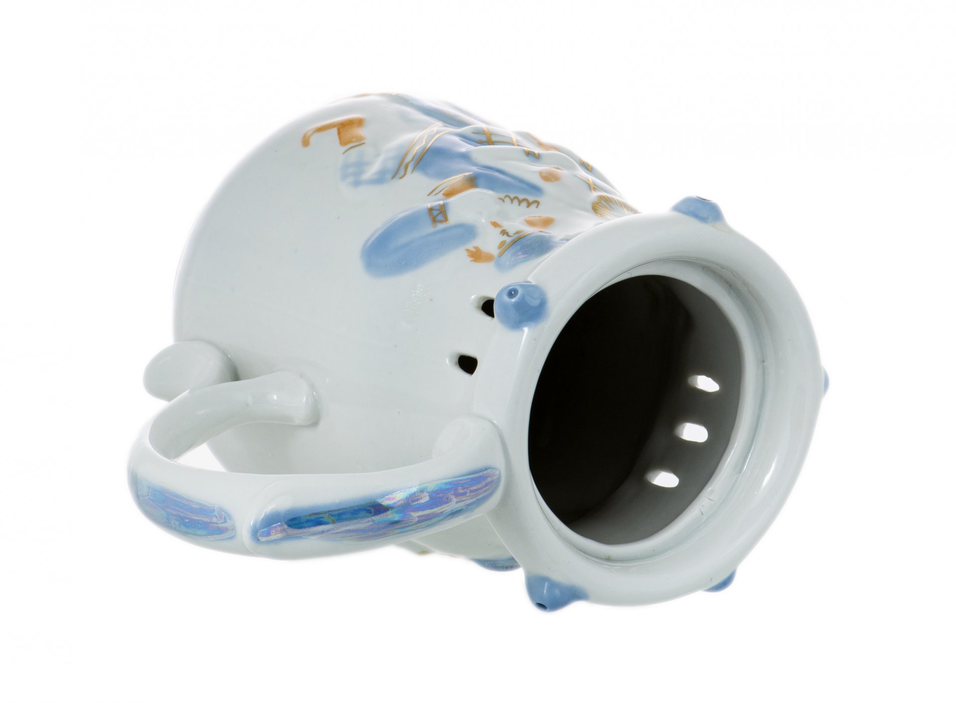 Кружка-шутиха "Напейся - не облейся", фарфор, рельеф, роспись, люстр,  Бронницкий завод фарфоровых изделий "Возрождение", СССР, 1970-1990 гг.
