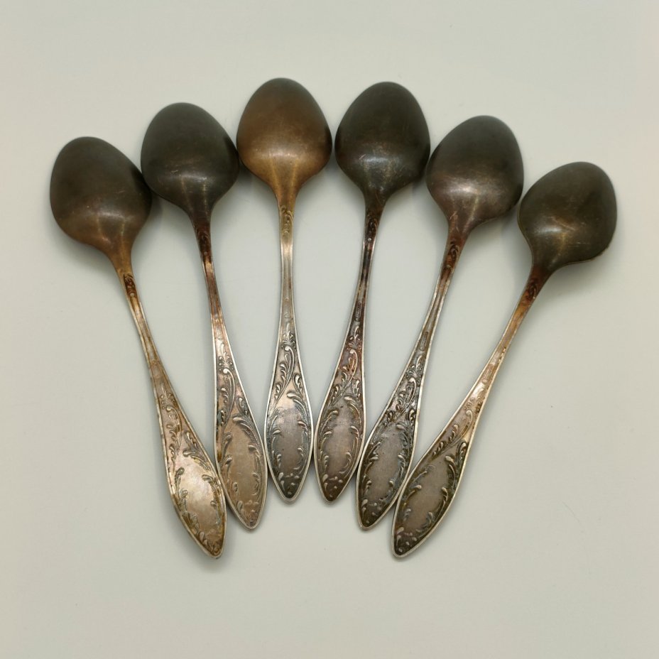 Набор из 6-ти столовых ложек, украшенных растительным декором, мНЦ (медь-никель-цинк), Кольчугинский завод цветных металлов, СССР, 1960-1990 гг.