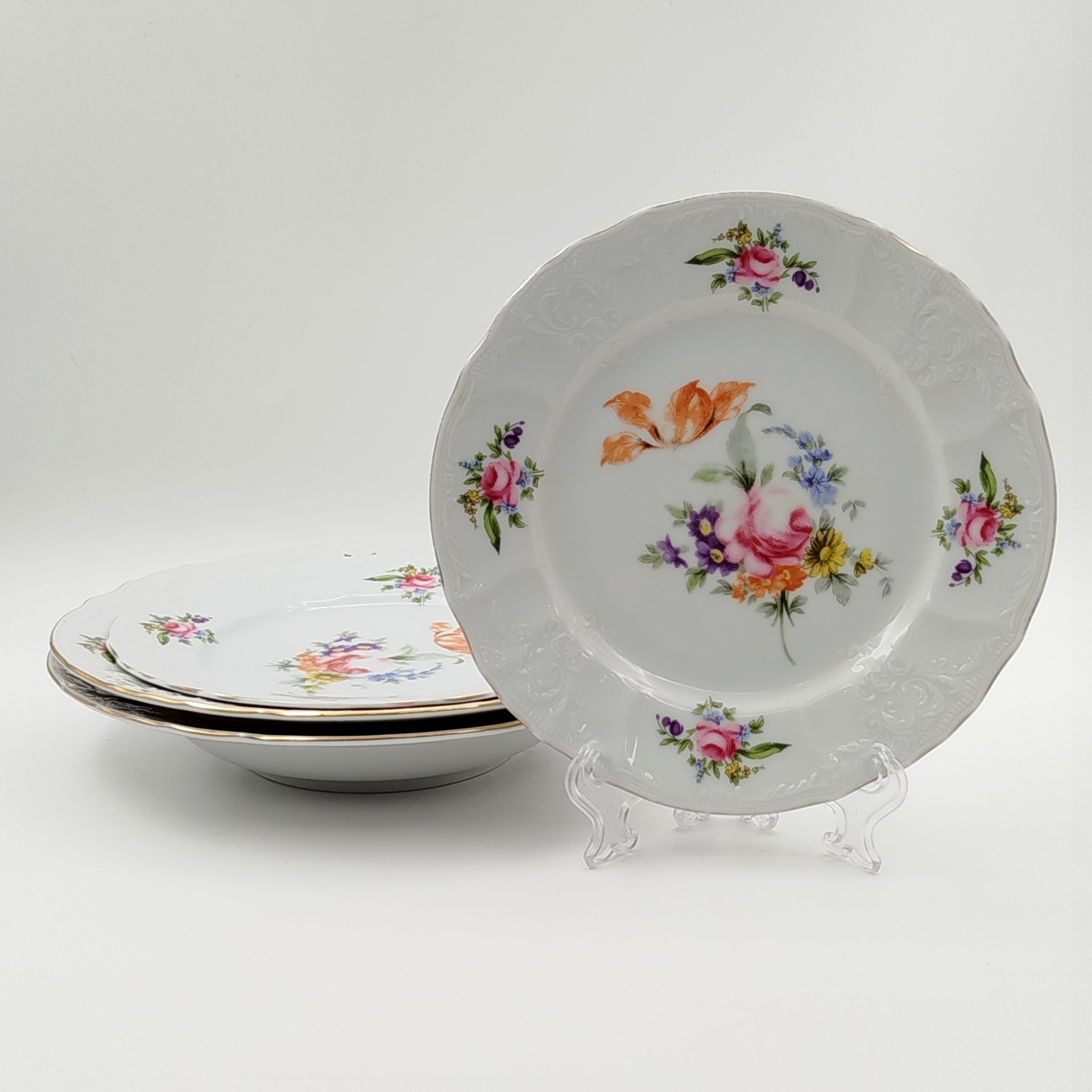 Набор тарелок на 2 персоны "Мейсенский букет" (две десертные, две обеденные), фарфор, деколь, золочение, Bernadotte, Чехия, 1991-2000 гг.
