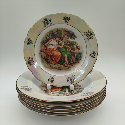 Набор из шести тарелок(пять суповых, одна десертная) из сервиза "Мадонна", фарфор, деколь, золочение, люстр, Kahla, СССР, 1968-1987 гг.