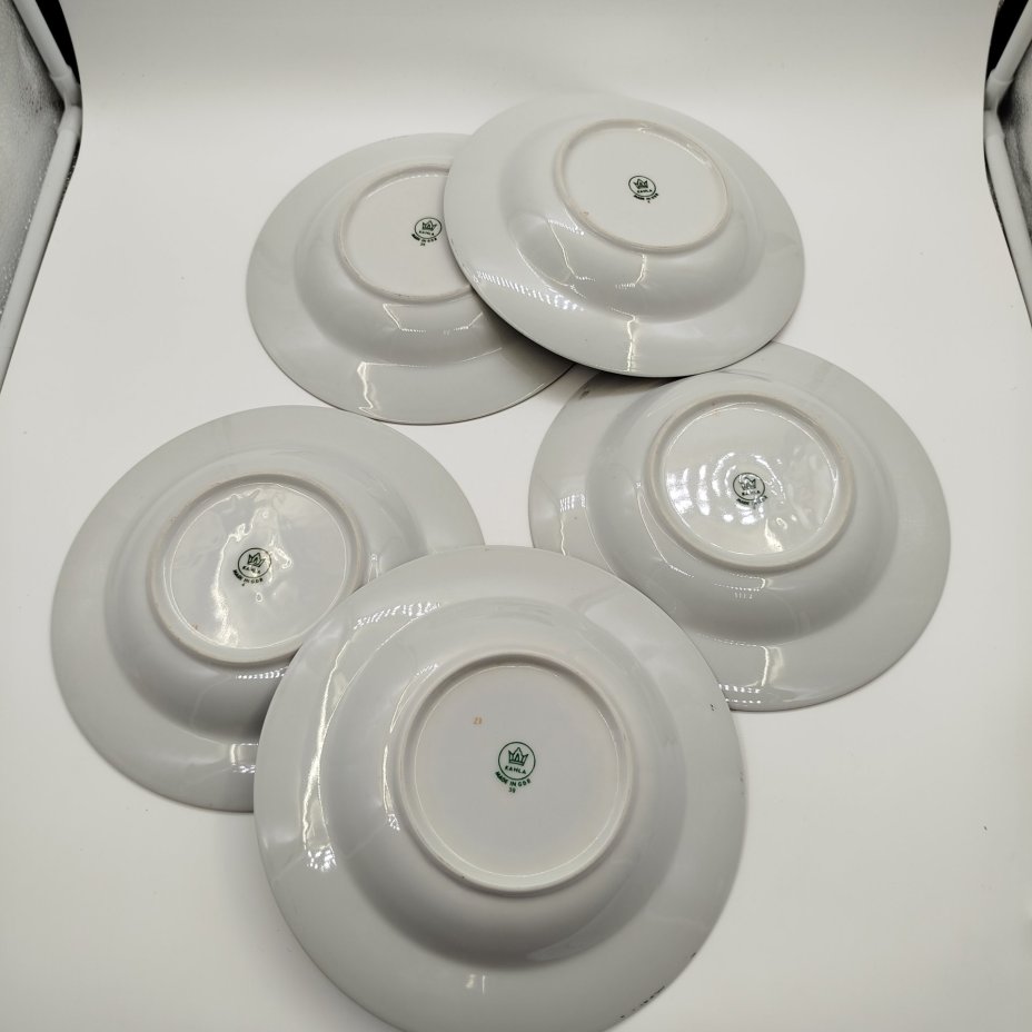 Набор из шести тарелок(пять суповых, одна десертная) из сервиза "Мадонна", фарфор, деколь, золочение, люстр, Kahla, ГДР, 1968-1987 гг.