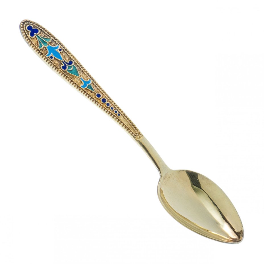 Ложка  кофейная , серебро 875 пр. с эмалью, золочение, Ленинградская ювелирная фабрика, СССР, 1956 г.