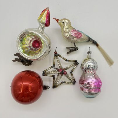 Набор из 5-ти винтажных ёлочных игрушек различных форм и расцветок, стекло, краска, металл, СССР, 1960-1980 гг.