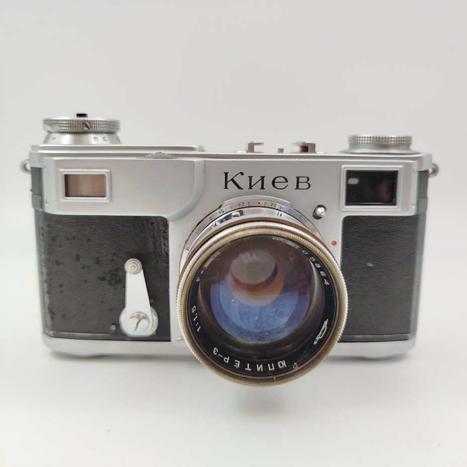 Фотоаппарат "Киев-4А" с объективом "Юпитер-3", 1:1,5 F=5cm [№5105864], в оригинальном чехле, металл, стекло, пластик, кожа, Киевский завод «Арсенал», СССР, 1952 г., Киевский завод «Арсенал»