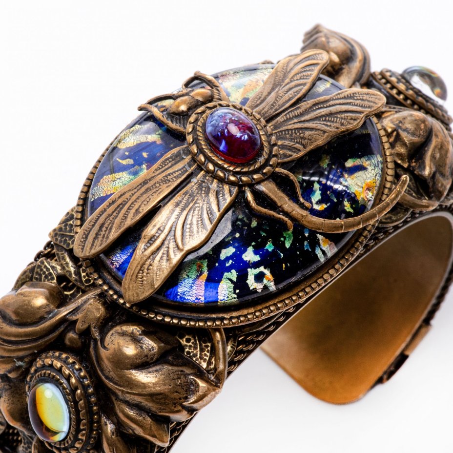 Комплект из 2 изделий (браслет и подвеска в стиле Art Nouveau  со стрекозами), латунь, лабрадорит, кошачий глаз,  стекло, США, 2000-2015 гг.