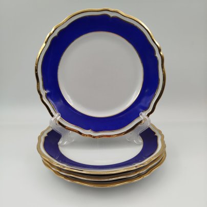 Набор десертных тарелок с синем кантом на 4 персоны, фарфор, крытье, золочение, Западная Европа, 1950-1970 гг.