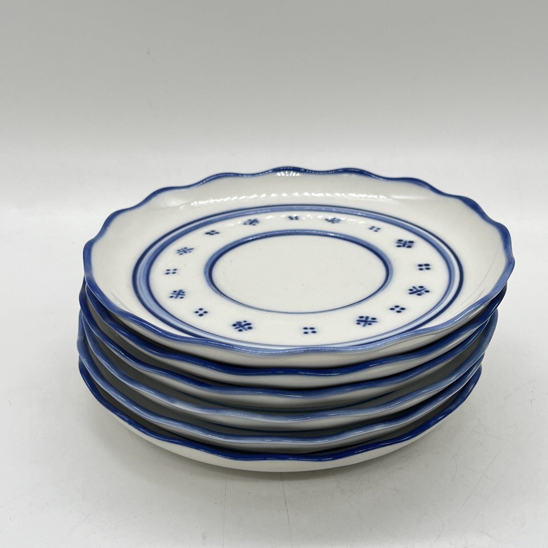 Набор из 6 десертных тарелок/блюдец с расписным декором, А. Рогово, И. Булычева, Гжель, фарфор, роспись, СССР, 1970-1990 гг.