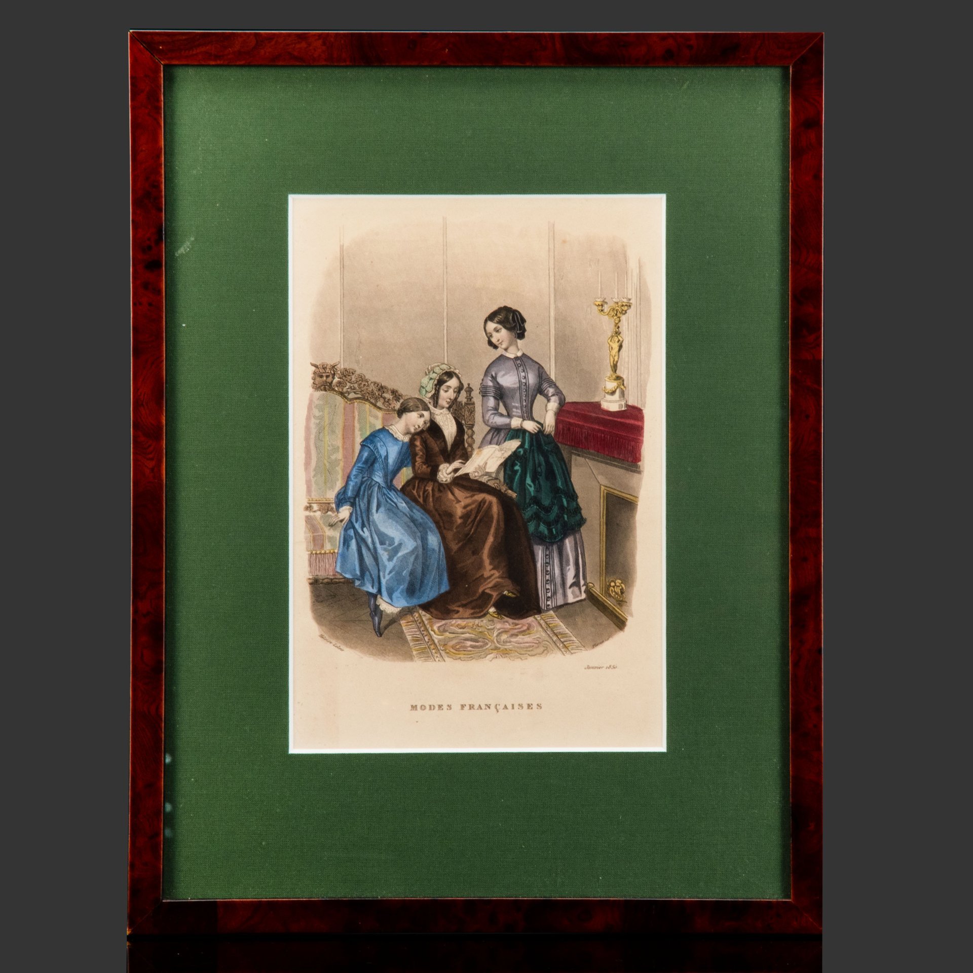 Иллюстрация к французскому журналу мод "Modes Francaises", выпуск январь 1850 года, автор Элоиза Лелуар (Heloise Leloir), бумага, печать, картон, шпон (рама), Франция, 1850-1900 гг.