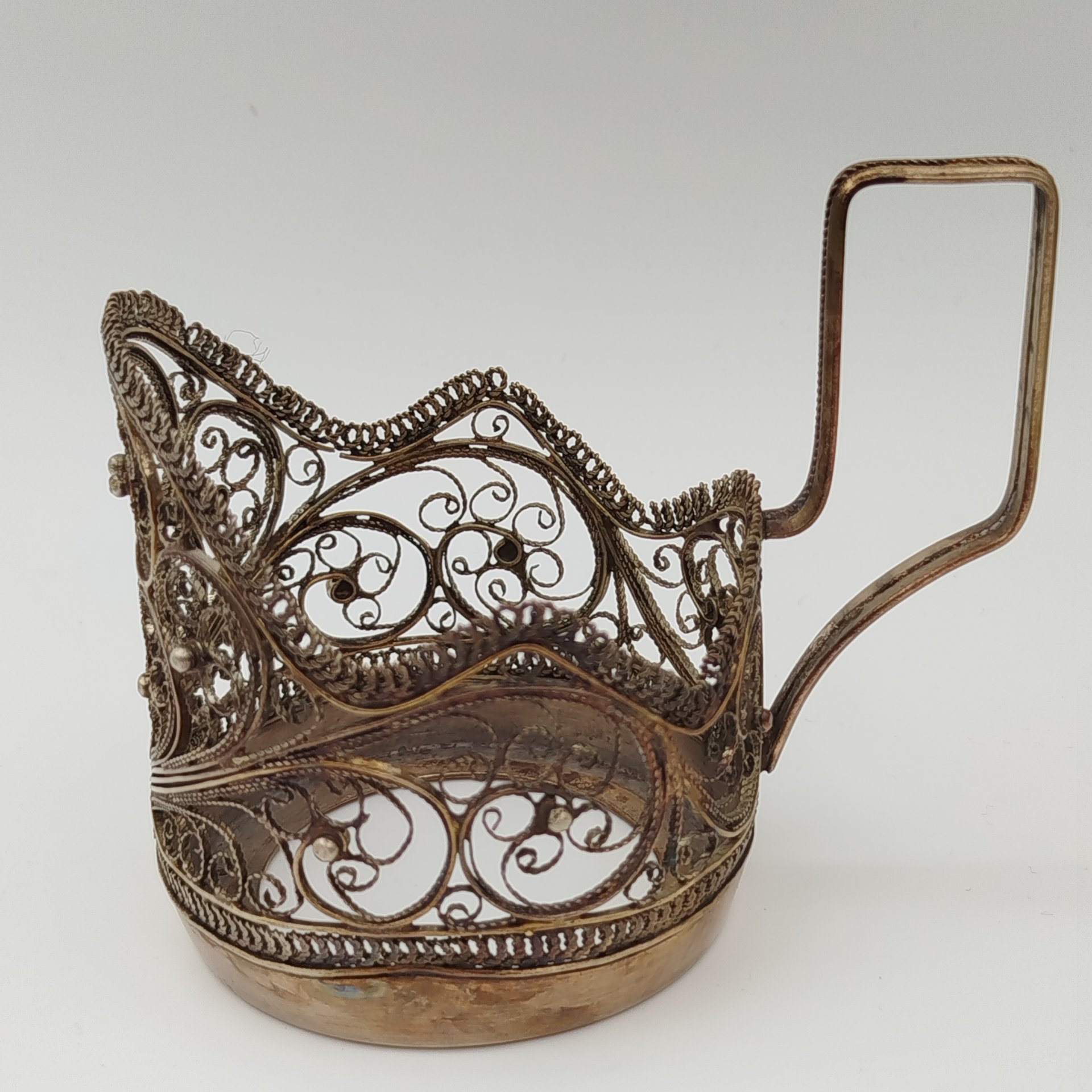 Подстаканник ажурный с цветочным декором, мельхиор (медь-никель), скань, Мстерский завод художественных изделий «Ювелир», СССР, 1956 г.