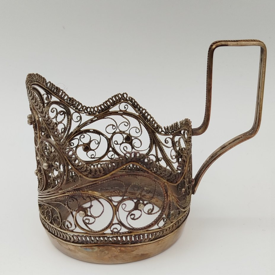 Подстаканник ажурный с цветочным декором, мельхиор (медь-никель), скань, Мстерский завод художественных изделий «Ювелир», СССР, 1956 г.