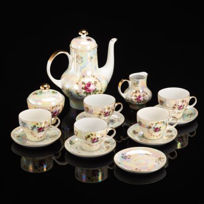 Кофейный сервиз с цветочным декором на 5 персон (14 предметов)