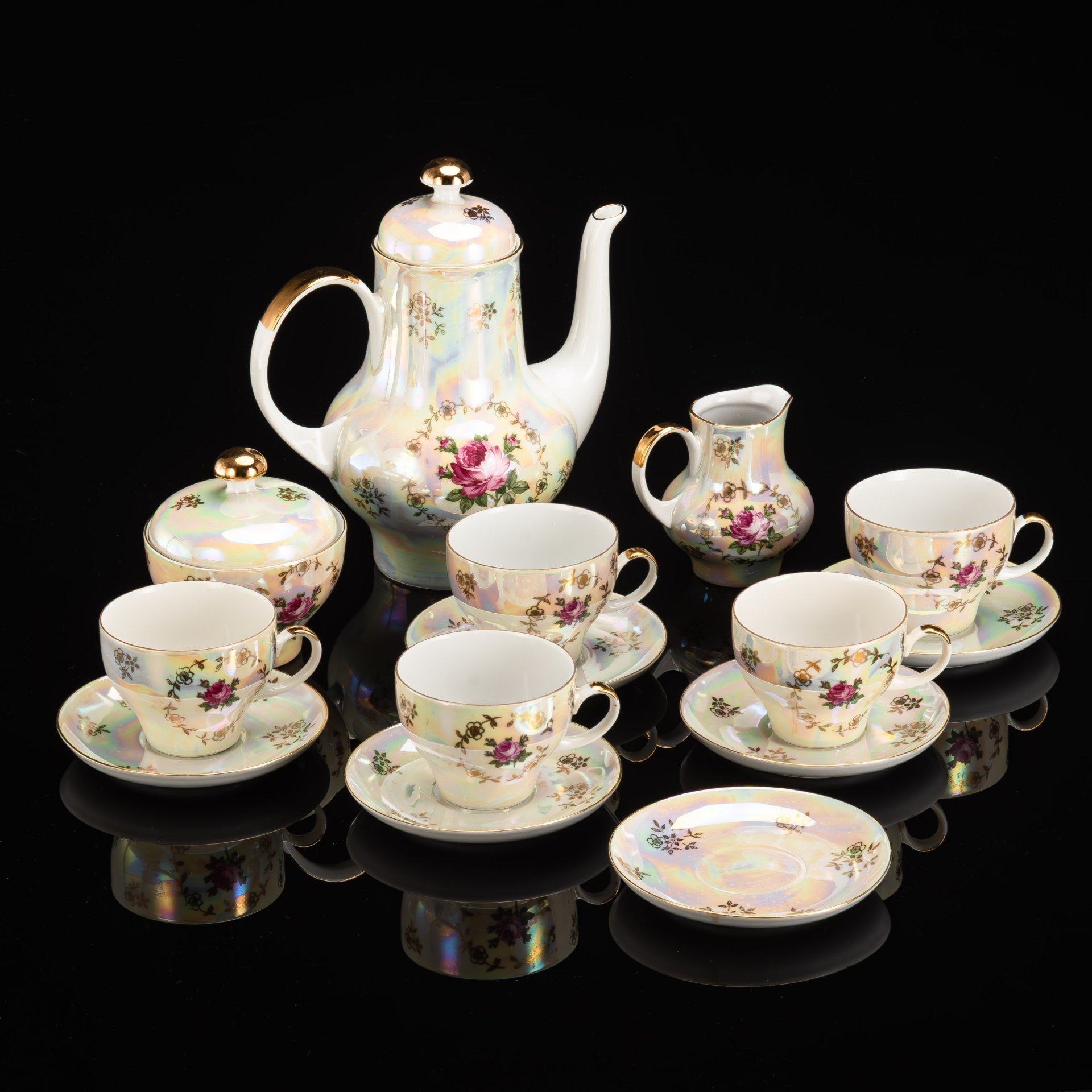 Кофейный сервиз с цветочным декором на 5 персон (14 предметов)