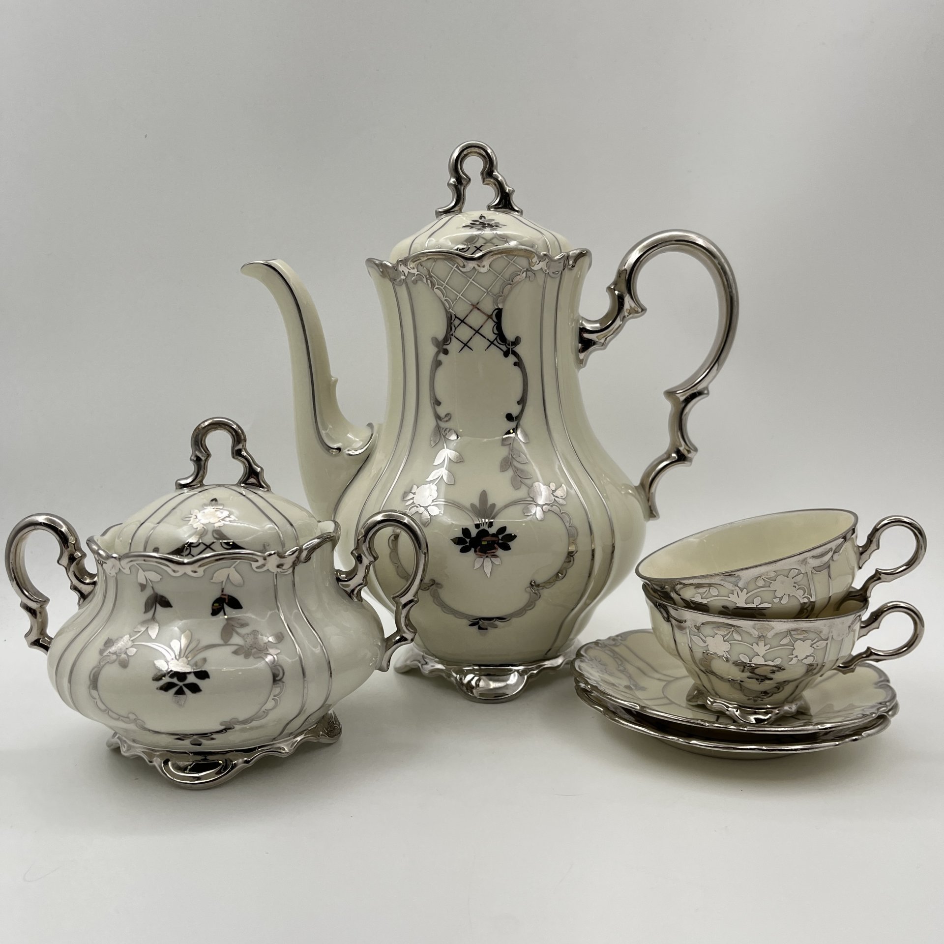 Сервиз тет-а-тет (6 предметов), фарфор, серебрение, Volkstedt Beyer & Bock, Германия, 1950-1970 гг.