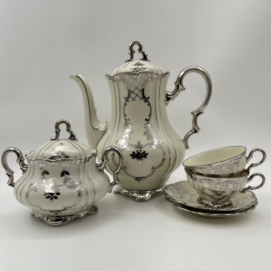 Сервиз тет-а-тет (6 предметов), фарфор, серебрение, Volkstedt Beyer & Bock, Германия, 1950-1970 гг.
