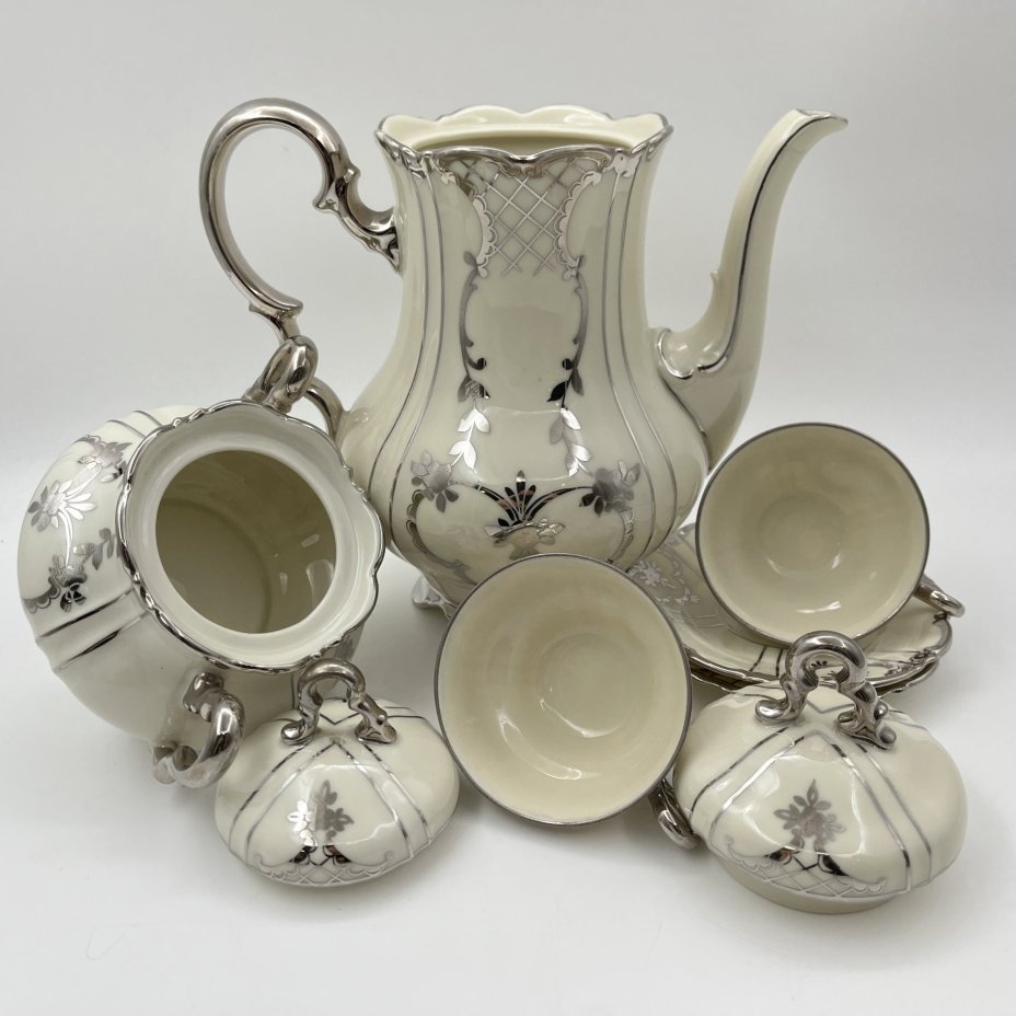 Сервиз тет-а-тет (6 предметов), фарфор, серебрение, Volkstedt Beyer & Bock, Германия, 1950-1970 гг.