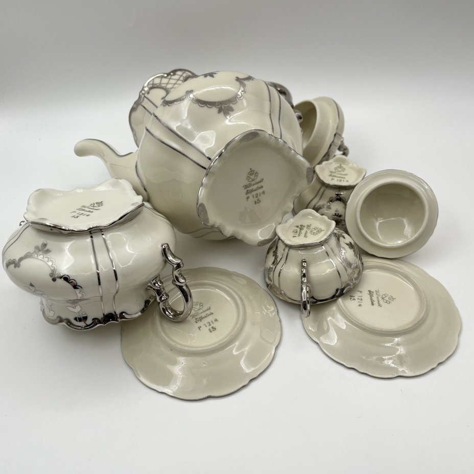 Сервиз тет-а-тет (6 предметов), фарфор, серебрение, Volkstedt Beyer & Bock, Германия, 1950-1970 гг.