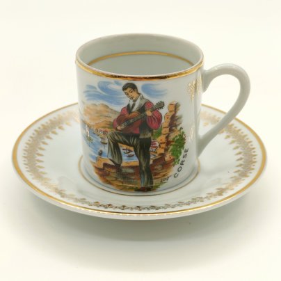 Пара кофейная с изображением гитариста, фарфор, деколь, золочение, Philippe Deshoulieres, Франция, 1960-2000 гг.