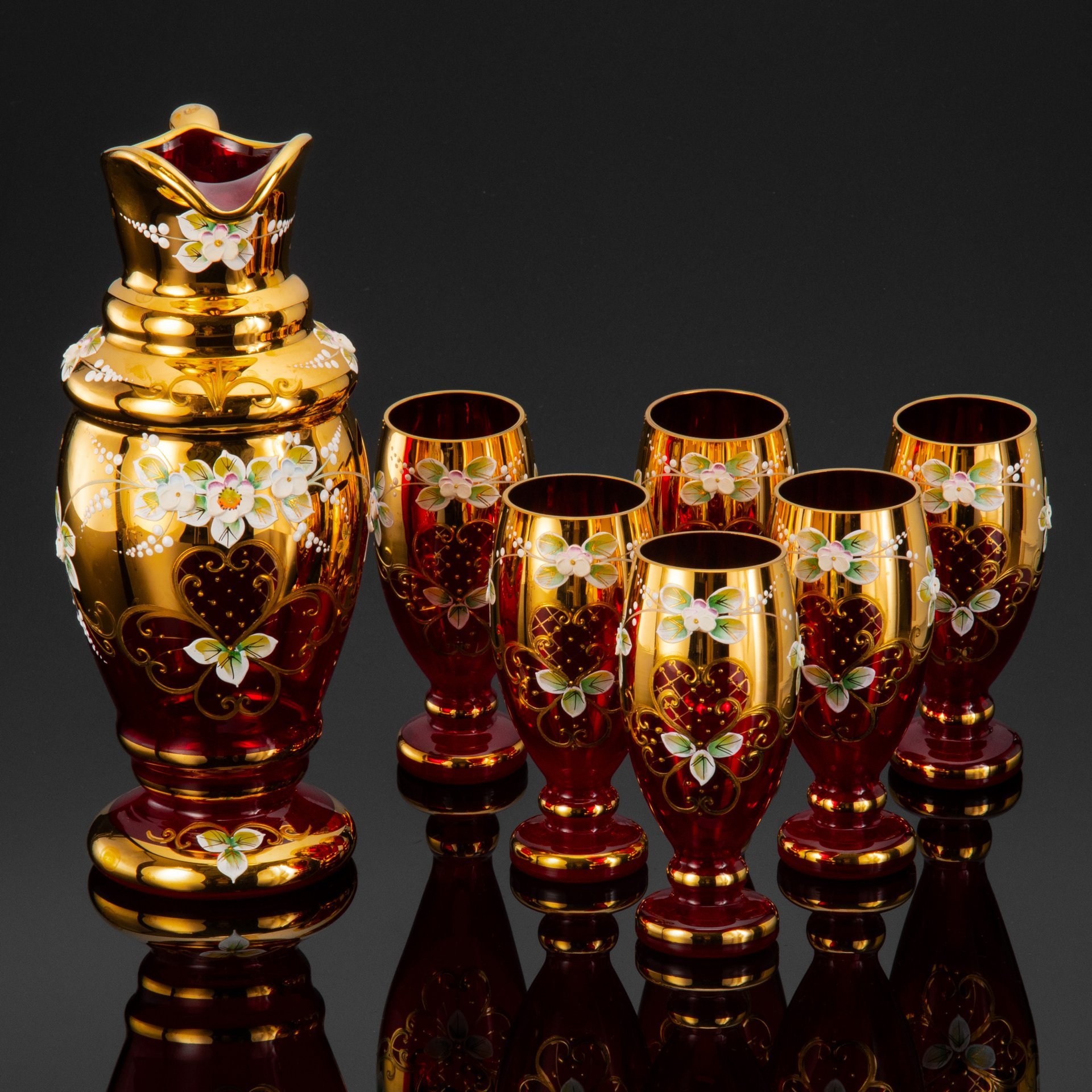 Набор для воды и прохладительных напитков с цветочным декором на 6 персон, стекло, золочение, лепной декор, Bohemia Crystal (Bohemia Glass), Чехословакия, 1970-1990 гг.