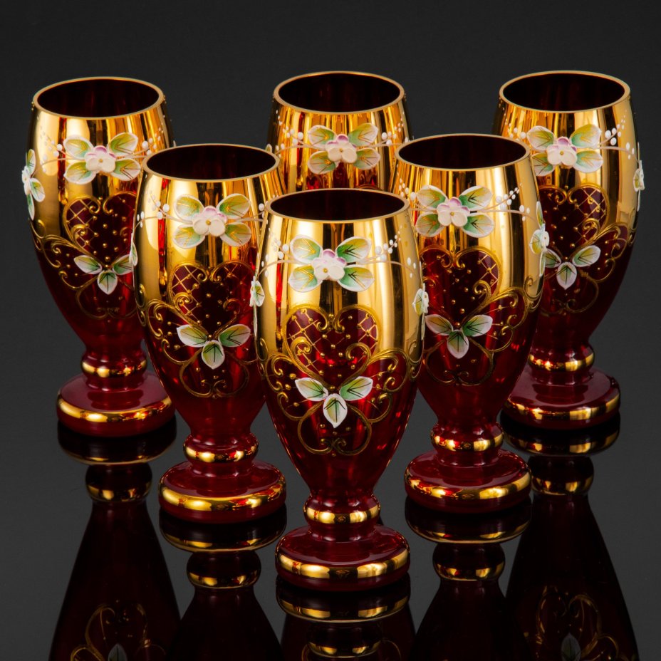 Набор для воды и прохладительных напитков с цветочным декором на 6 персон, стекло, золочение, лепной декор, Bohemia Crystal (Bohemia Glass), Чехословакия, 1970-1990 гг.