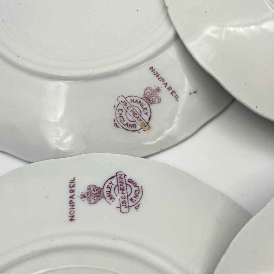 Набор пирожковых тарелок с нежным цветочным декором на 4 персоны, фарфор, деколь, J. & G. Meakin, Великобритания, 1907-1920 гг.