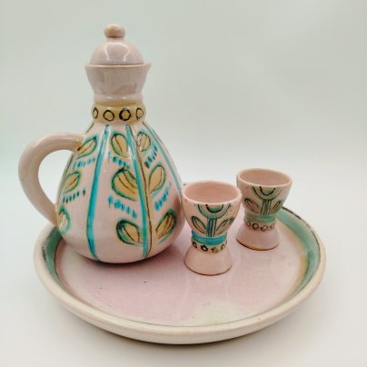 Набор для крепких напитков на 2 персоны (поднос, кувшин, 2 рюмки), Гжельский экспериментальный керамический завод с. Речицы