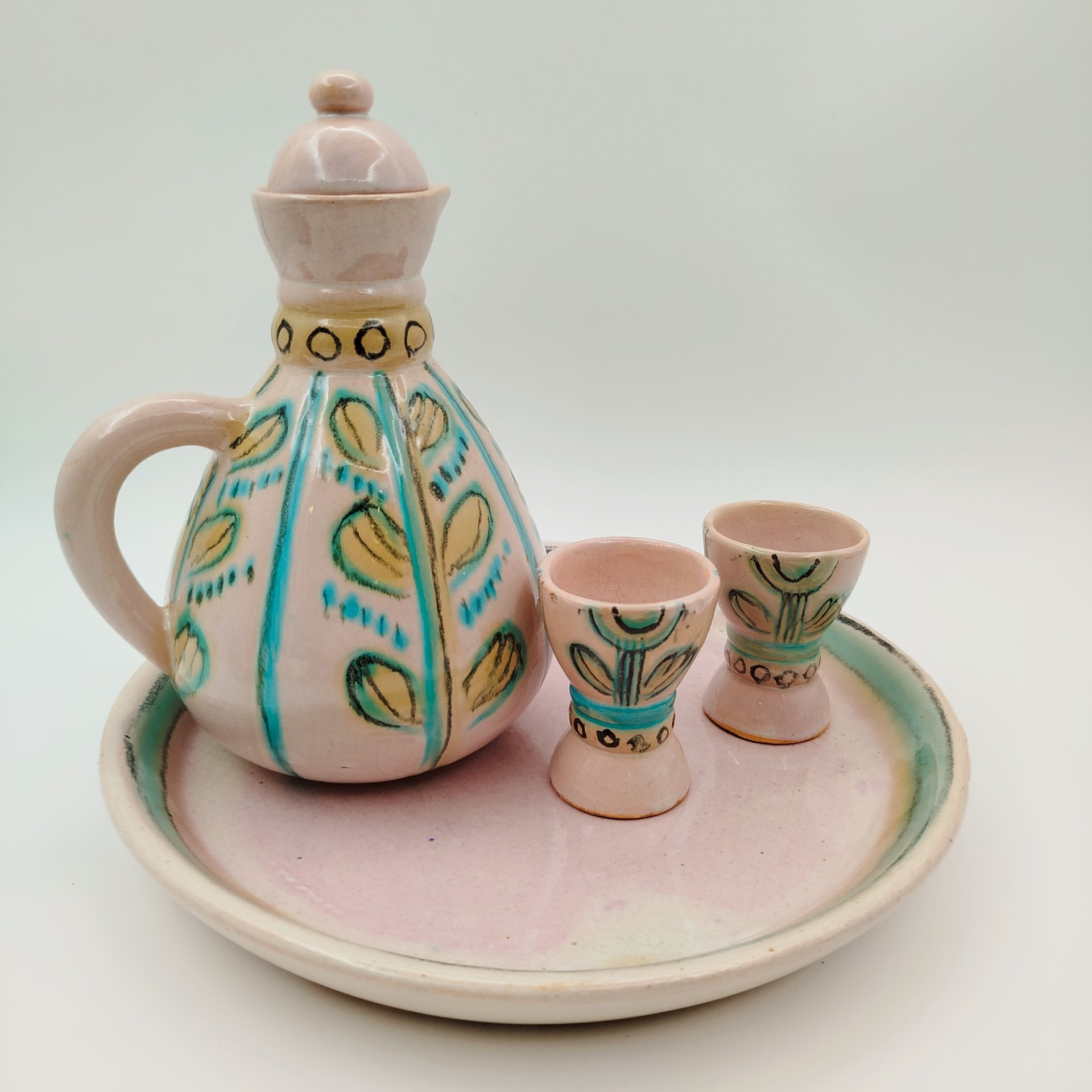 Набор для крепких напитков на 2 персоны (поднос, кувшин, 2 рюмки), Гжельский экспериментальный керамический завод с. Речицы