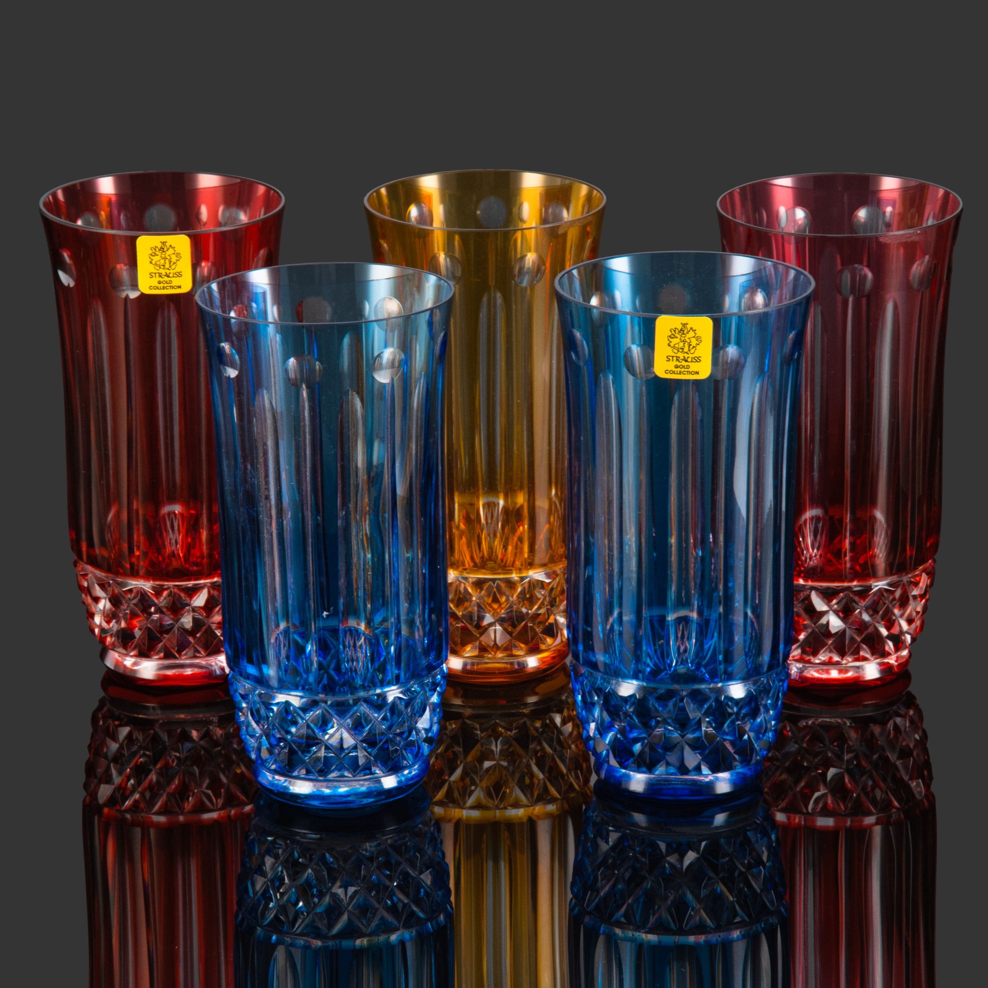 Набор из пяти разноцветных стаканов с геометрическим декором, Cristallerie Strauss S.A. (Штраус)