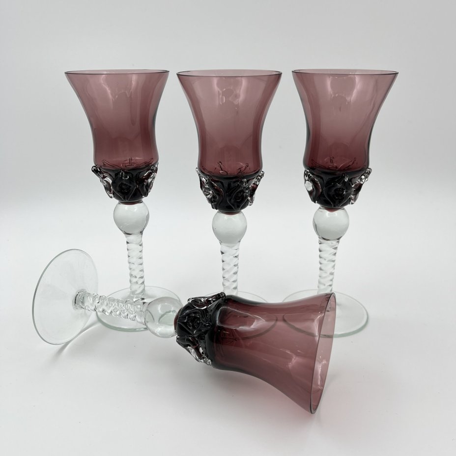 Набор из 4 бокалов, автор Г. Паламар, цветное стекло, налепы, гутная техника, Стрыйский стекольный завод, СССР, 1960-1980 гг.