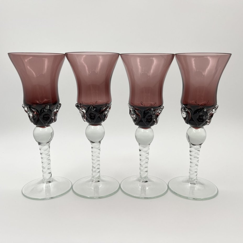 Набор из 4 бокалов, автор Г. Паламар, цветное стекло, налепы, гутная техника, Стрыйский стекольный завод, СССР, 1960-1980 гг.