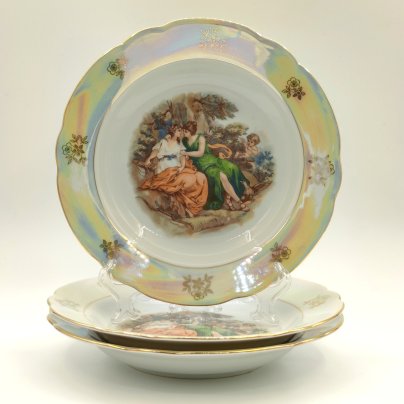 Набор из 3-х суповых тарелок из сервиза "Мадонна", фарфор, люстр, деколь, золочение, Kahla, ГДР, 1968-1987 гг.