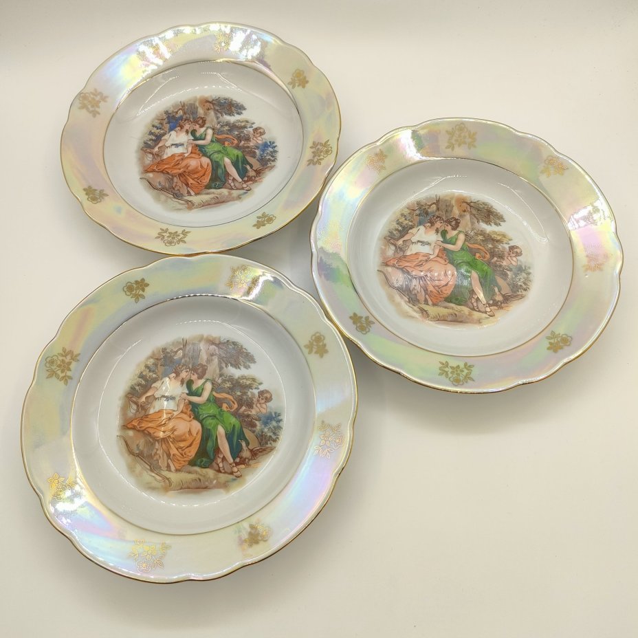 Набор из 3-х суповых тарелок из сервиза "Мадонна", фарфор, люстр, деколь, золочение, Kahla, ГДР, 1968-1987 гг.