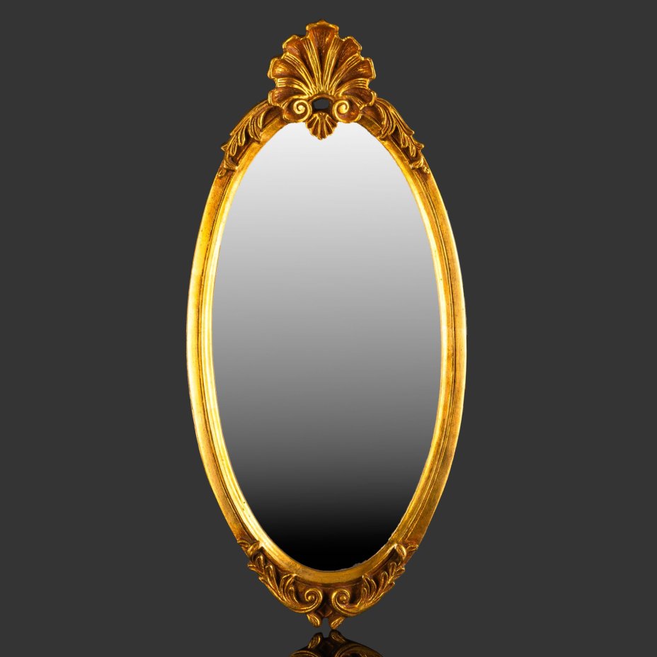 Зеркало в овальной раме золотистого оттенка с рокайльным элементом, зеркальное полотно, композитный материал, крашение