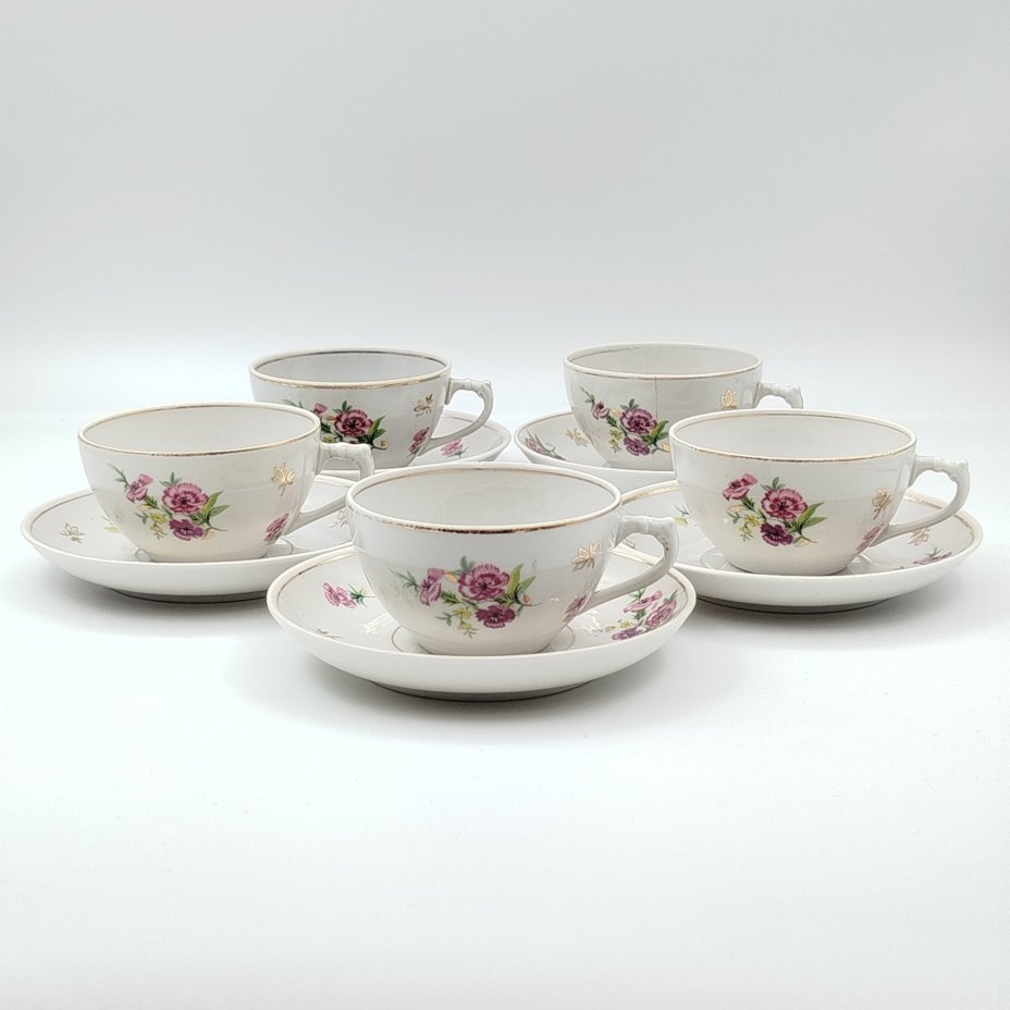 Сервиз чайный на 5 персон, украшенный цветочным декором, фарфор, деколь, золочение, Дулевский фарфоровый завод (Дулёво), СССР, 1958 г.
