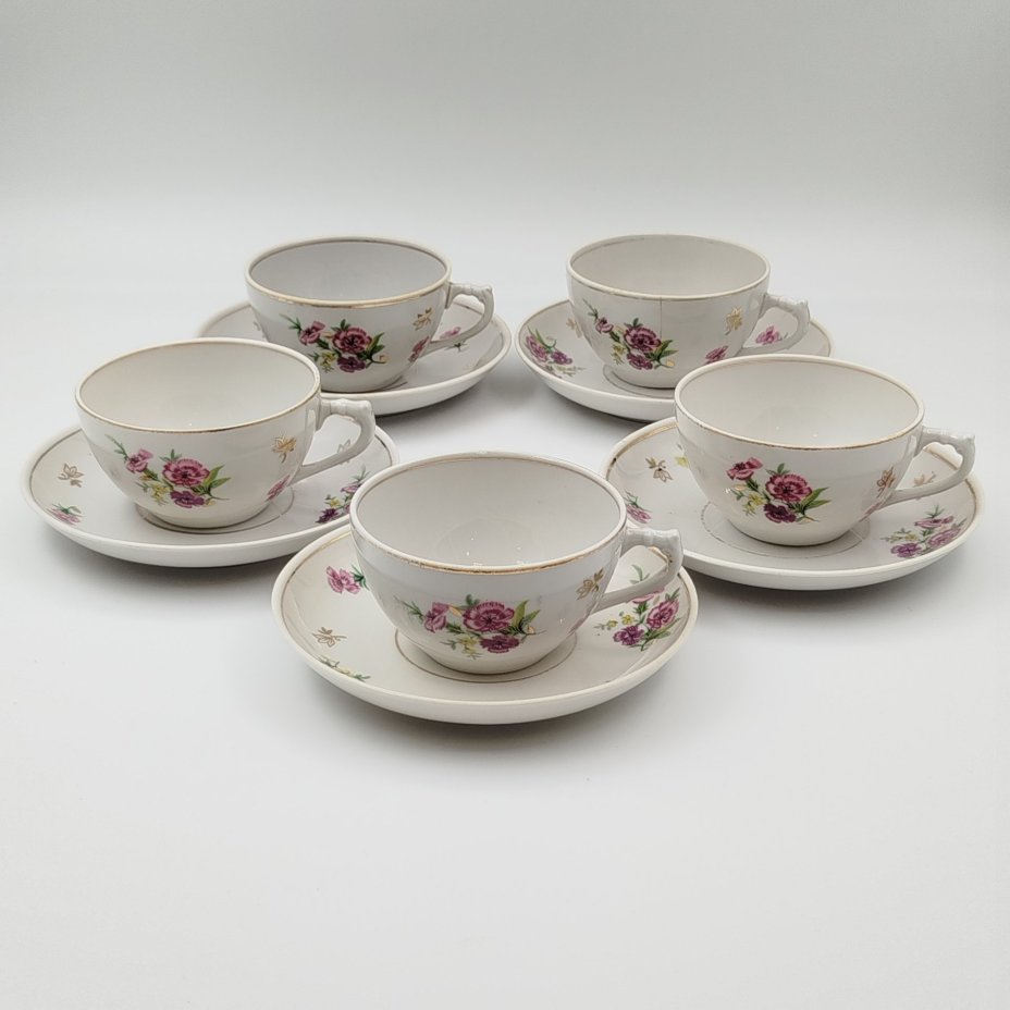 Сервиз чайный на 5 персон, украшенный цветочным декором, фарфор, деколь, золочение, Дулевский фарфоровый завод (Дулёво), СССР, 1958 г.