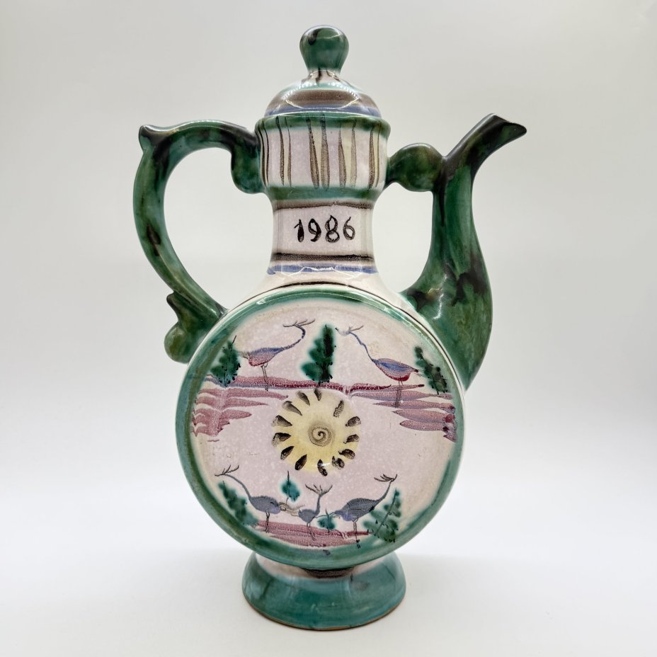 Кумган, украшенный пейзажем, Гжель, керамика, роспись, СССР, 1986 г.