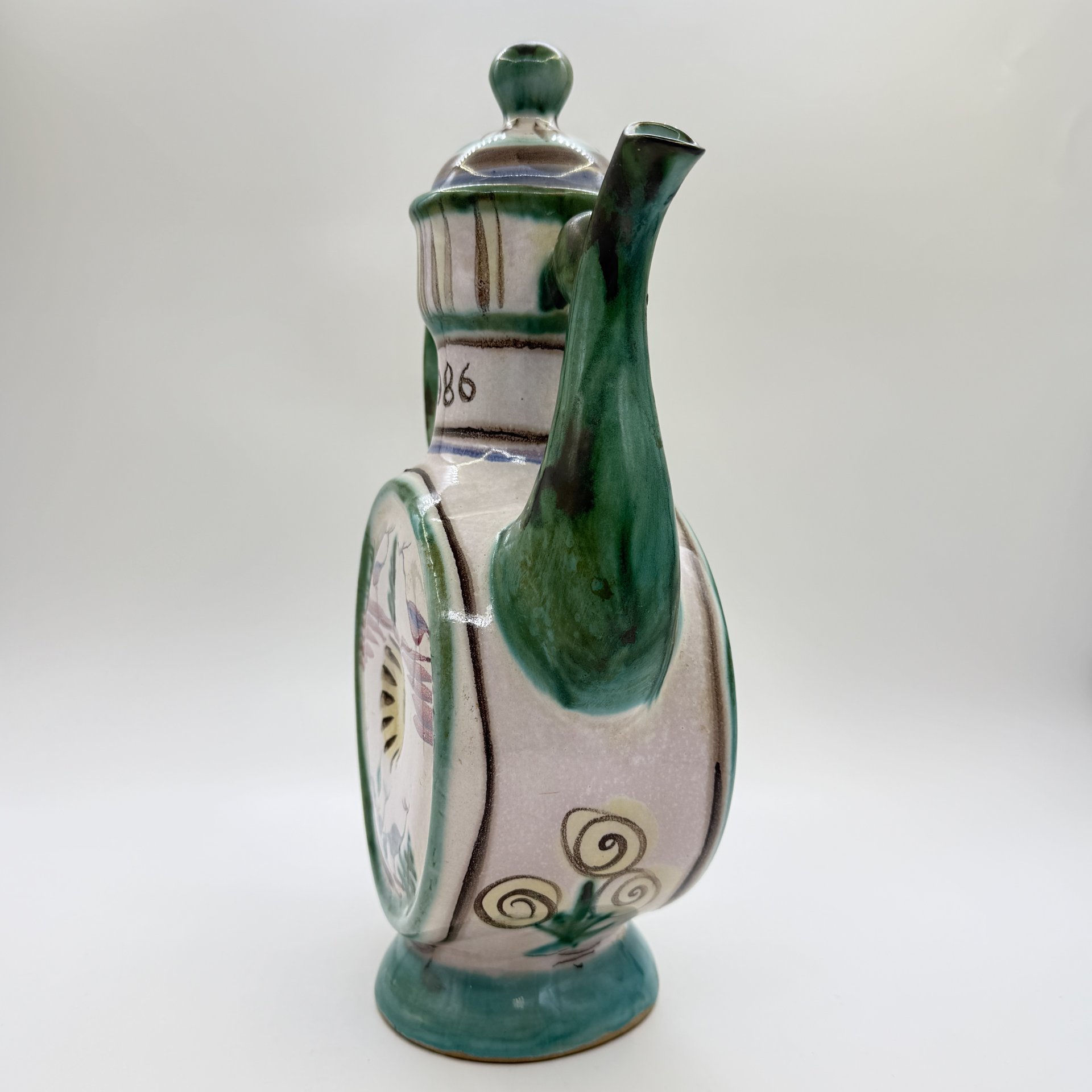 Кумган, украшенный пейзажем, Гжель, керамика, роспись, СССР, 1986 г.