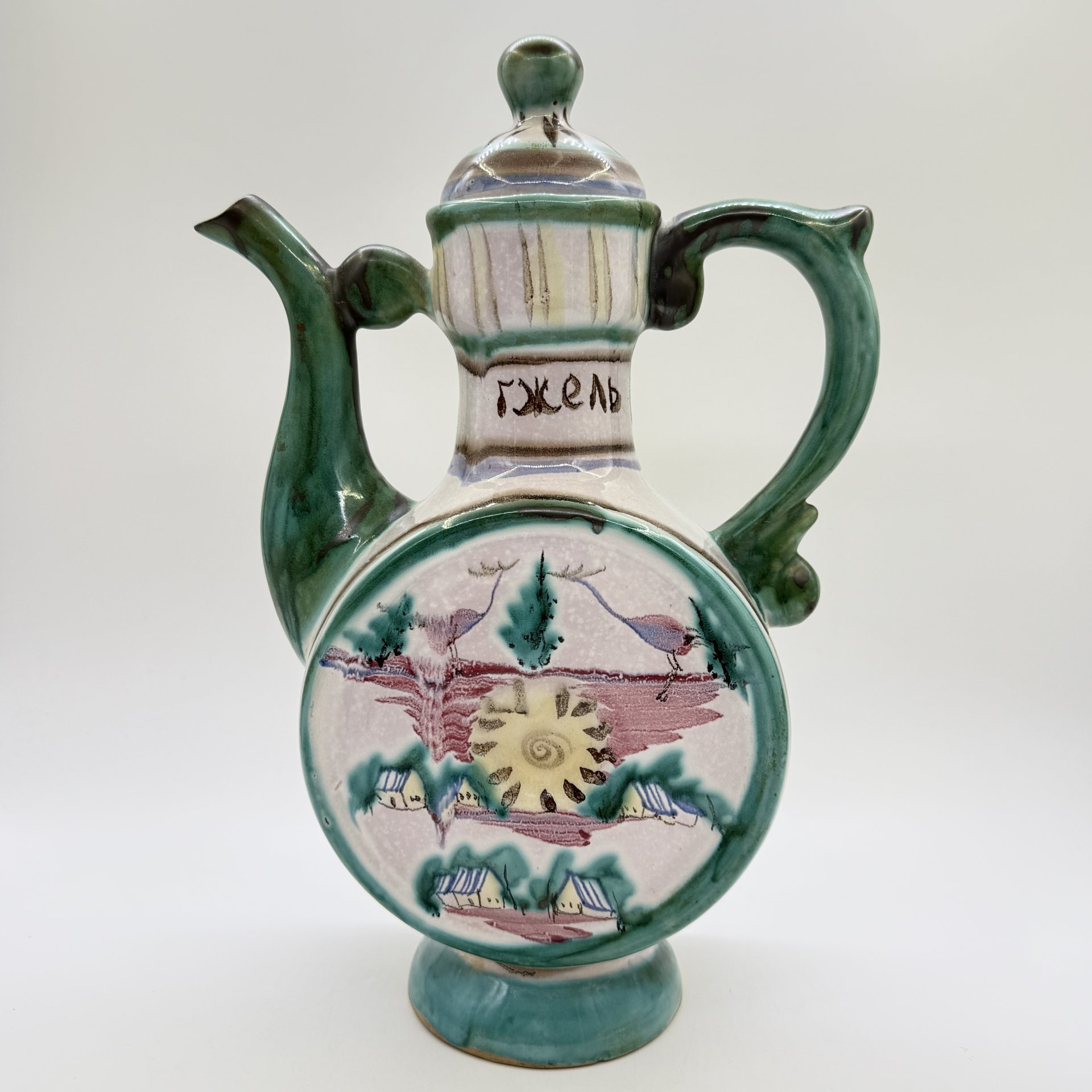 Кумган, украшенный пейзажем, Гжель, керамика, роспись, СССР, 1986 г.