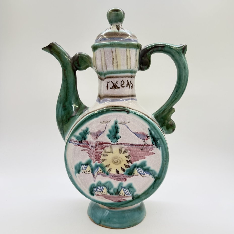 Кумган, украшенный пейзажем, Гжель, керамика, роспись, СССР, 1986 г.