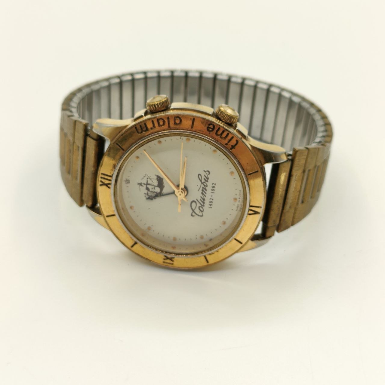 Часы наручные механические "Полёт. Columbus 1492-1992" с будильником, металл, стекло, золочение, Первый московский часовой завод «Полёт», СССР, 1980-1990 гг.