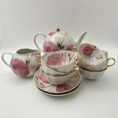 Набор чайный "Весенний" на 6 персон (10 предметов), форма "Белый лебедь", автор формы О.М. Михигули, фарфор, роспись, золочение, Дулевский фарфоровый завод (Дулёво), СССР, 1987 г.