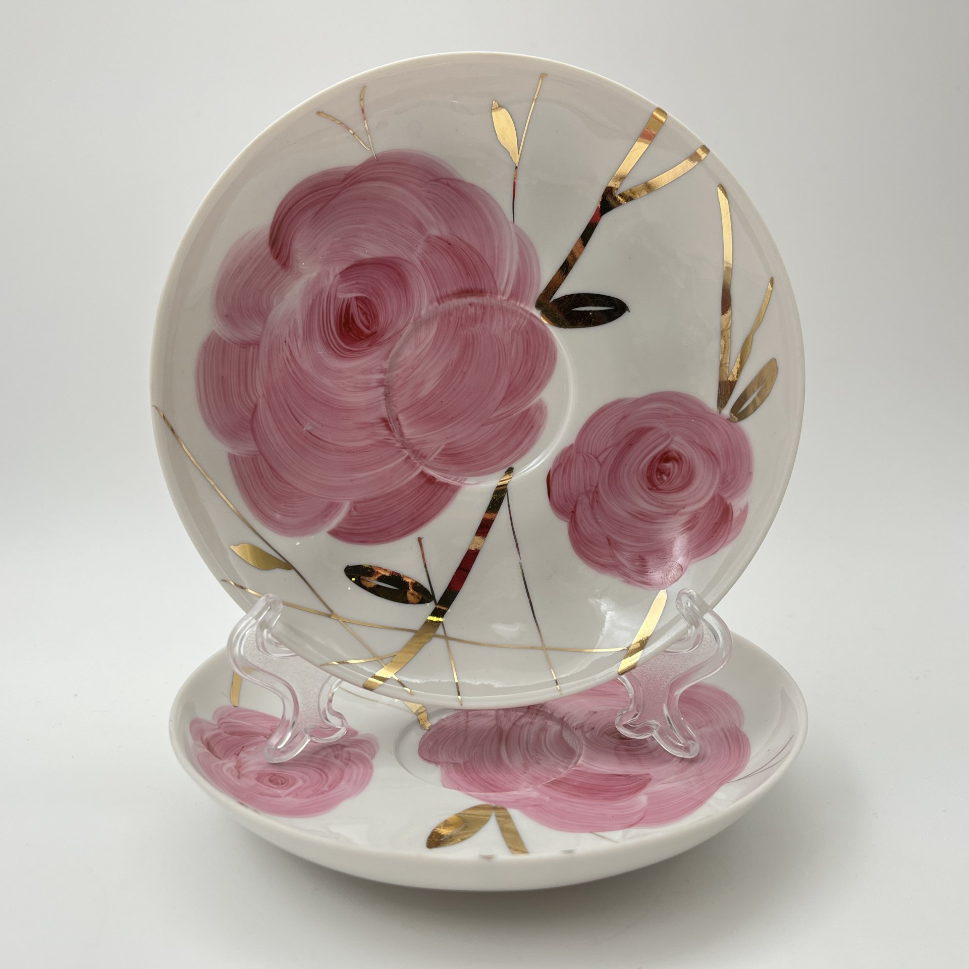 Набор чайный "Весенний" на 6 персон (10 предметов), форма "Белый лебедь", автор формы О.М. Михигули, фарфор, роспись, золочение, Дулевский фарфоровый завод (Дулёво), СССР, 1987 г.