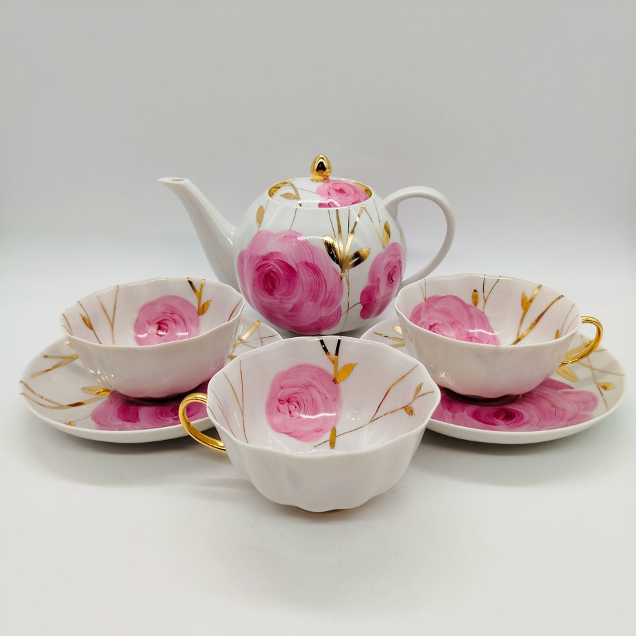Набор чайный "Весенний" на 3 персоны (6 предметов), форма "Белый лебедь", автор формы О.М. Михигули, Дулевский фарфоровый завод (Дулёво)