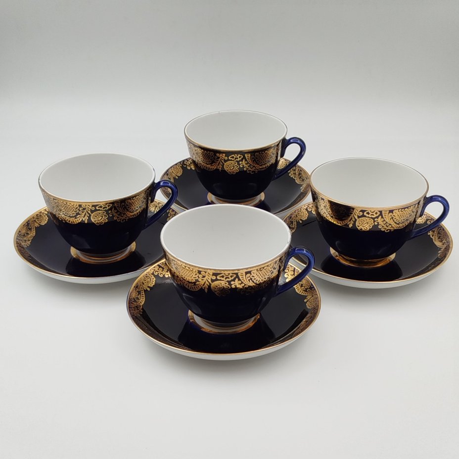 Набор из 4-х чайных пар "Золотая фриз", фарфор, крытье кобальтом, золочение, Ленинградский фарфоровый завод (ЛФЗ), СССР, 1960-1970 гг.
