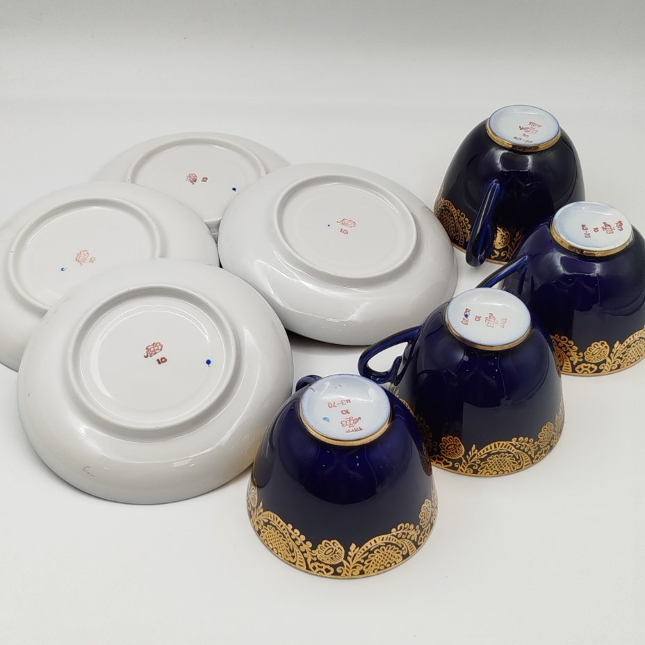 Набор из 4-х чайных пар "Золотая фриз", фарфор, крытье кобальтом, золочение, Ленинградский фарфоровый завод (ЛФЗ), СССР, 1960-1970 гг.