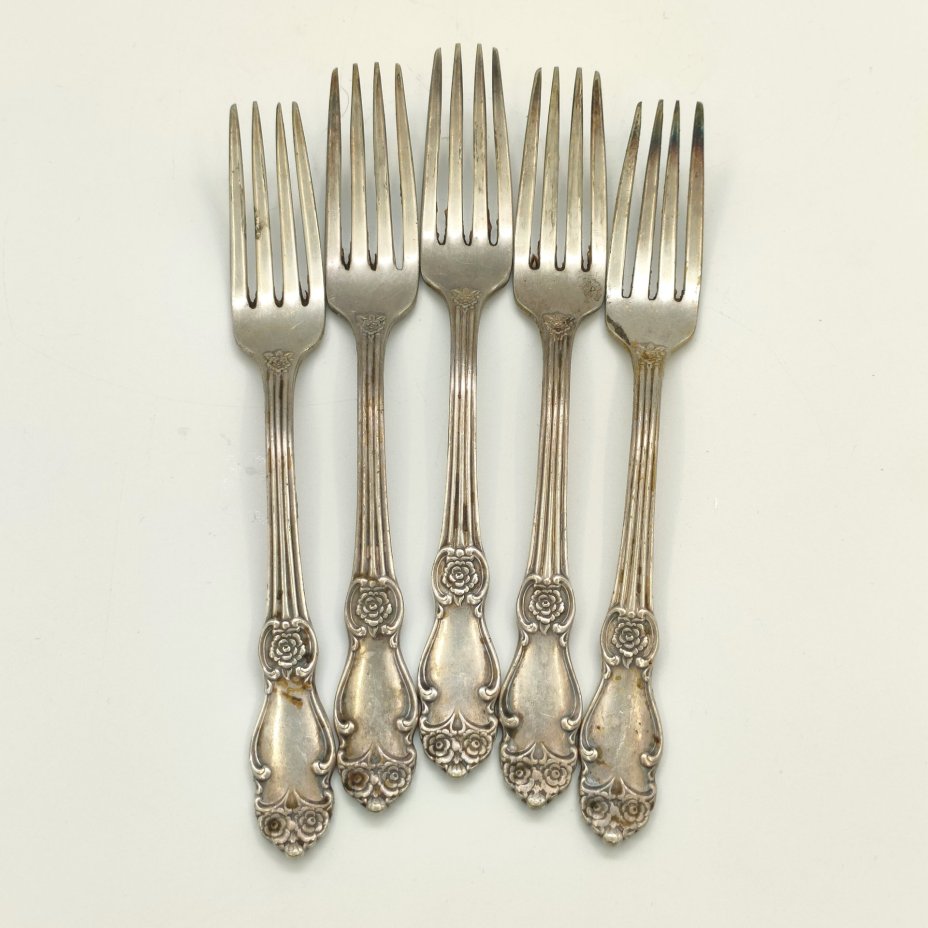 Набор десертных вилок "Серебряная роза" на 5 персон, мНЦ (медь-никель-цинк), Кольчугинский завод цветных металлов, СССР, 1962-1991 гг.